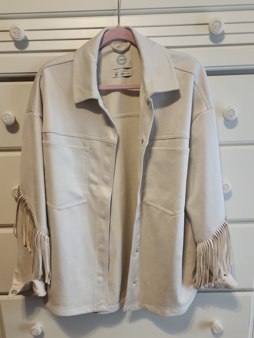 Women'stoosh Cream Faux Suede Fringe Utility Jacket XL
